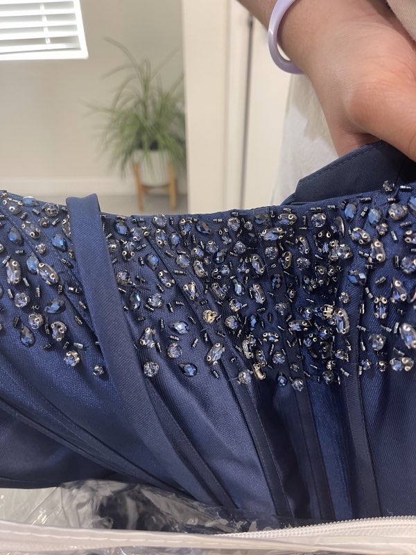 Navy evening gown bodice with hand-set crystal beadwork